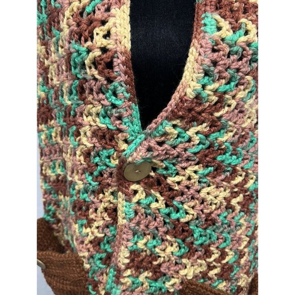 VTG Handmade Knit‎ Crochet Poncho Fringe 70s Granny Brown Orange One Size - Picture 3 of 6